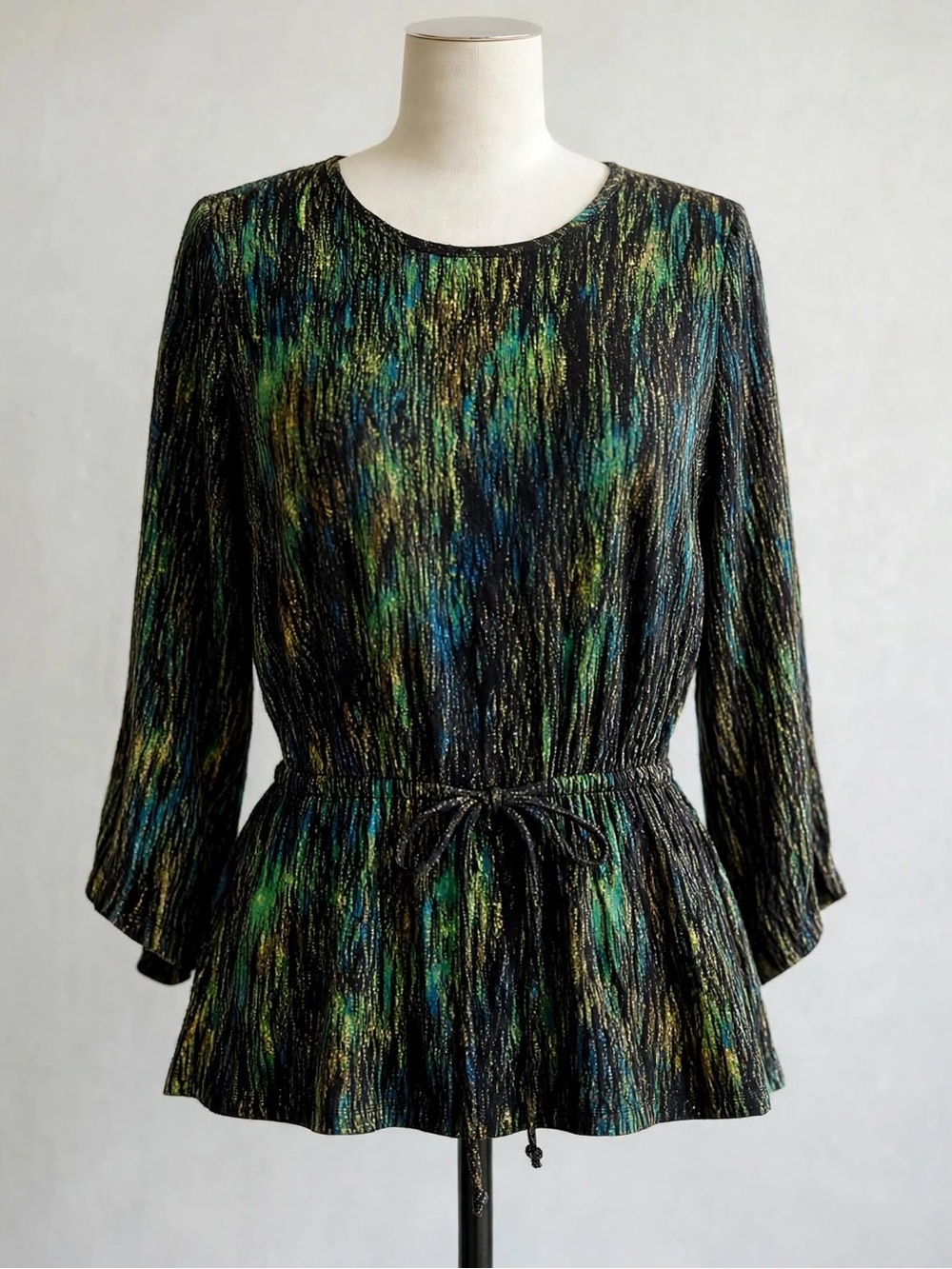 Kenar Blouse Peplum Knit Abstract 3/4 Sleeve Drawstring Waist Size S